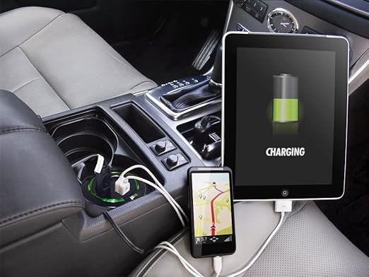 GOXT Cup Holder Car Charger with Dual USB & Dual Socket Ports