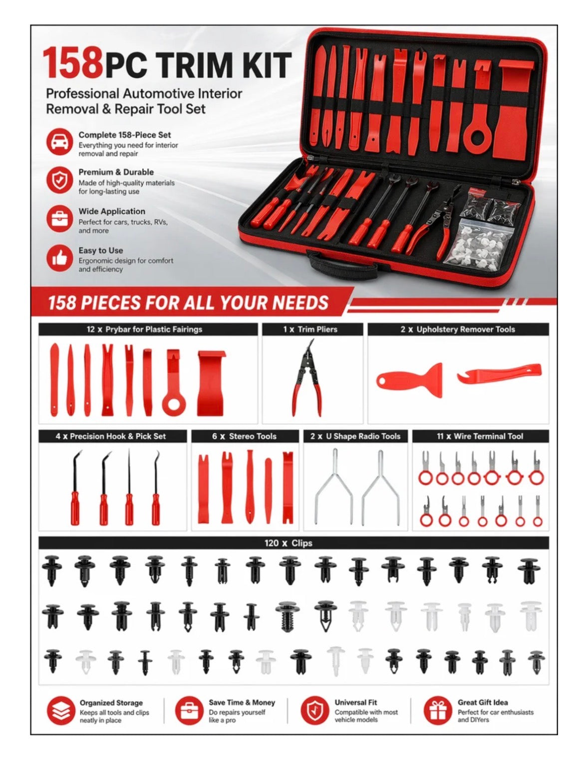 158PC Trim Removal Tool Set With Car Clips